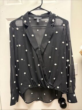 INC International Concepts Black Sheer Blouse with White Pom Dot Detailing